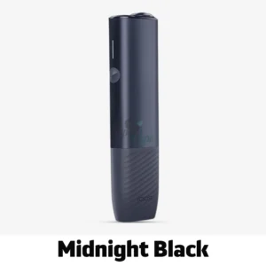 IQOS ILUMA i ONE Midnight Black in a sleek, matte black finish, showing the vertical LED battery indicator and sliding top lid.