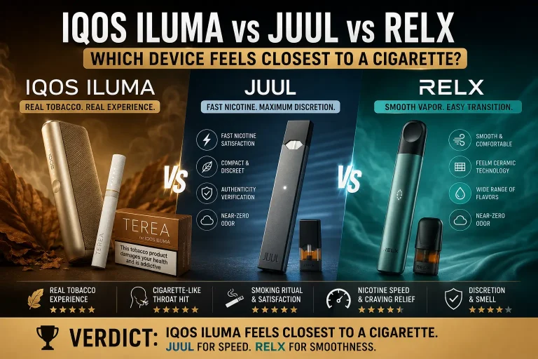 IQOS ILUMA vs JUUL vs RELX side-by-side comparison of nicotine delivery, throat hit & experience UI