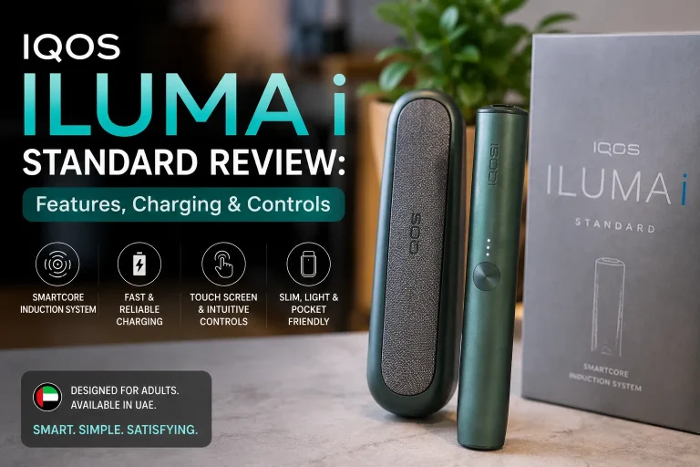 IQOS ILUMA i Standard review showing device features, controls and charging in dubai