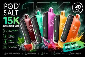 Pod Salt 15k puffs disposable vape device with smart LED display screen showing battery and e-liquid levels.
