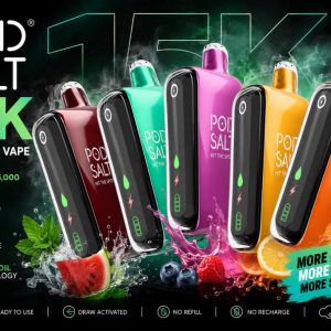 Pod Salt 15k puffs disposable vape device with smart LED display screen showing battery and e-liquid levels.