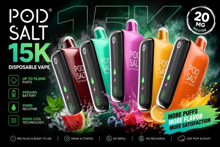 Pod Salt 15k puffs disposable vape device with smart LED display screen showing battery and e-liquid levels.
