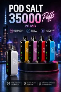Pod Salt 35000 Puffs Disposable Vape with a wide selection of fruit, menthol, and dessert flavors in UAE