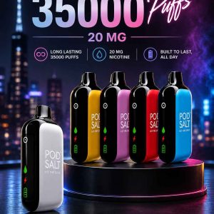 Pod Salt 35000 Puffs Disposable Vape with a wide selection of fruit, menthol, and dessert flavors in UAE