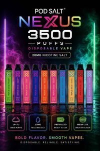 Pod Salt Nexus 3500 Puffs Disposable Vape flavor range including Peach Mango and Kiwi Guava Passion in Dubai now for sale