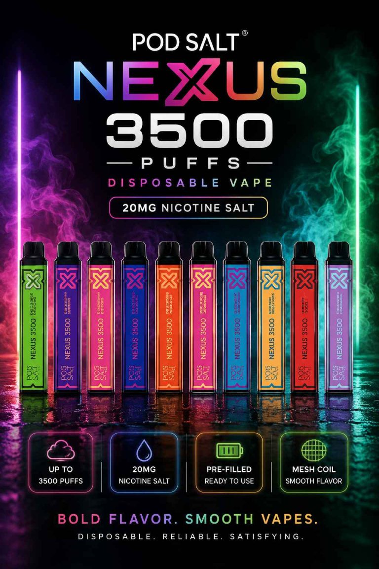 Pod Salt Nexus 3500 Puffs Disposable Vape flavor range including Peach Mango and Kiwi Guava Passion in Dubai now for sale
