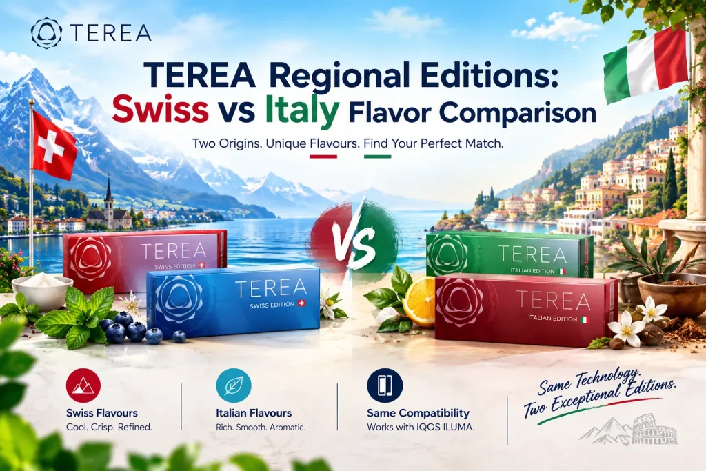 Swiss vs Italy TEREA flavor comparison guide for UAE users, showing regional TEREA packs side by side