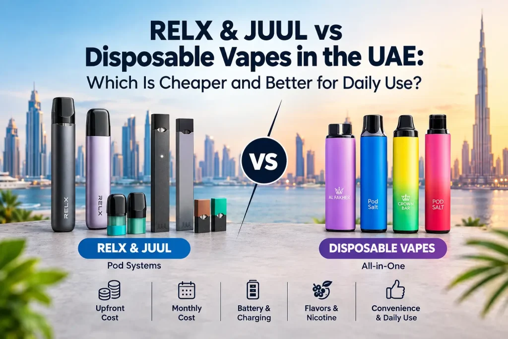 RELX and JUUL pod systems compared with disposable vapes for cost and daily use in the UAE